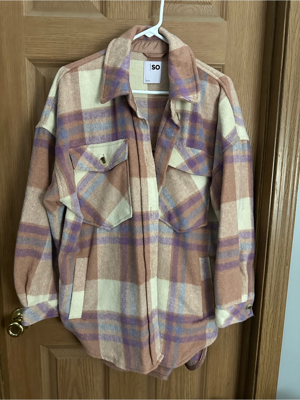 SO Plaid Utility Shacket in Cream, Tan & Lavender